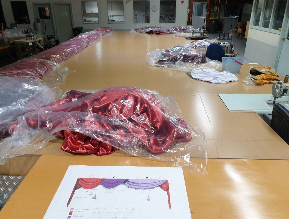 Temporary manufacturing space set up for Moulin Rouge! The Musical soft goods during Melbourne's COVID shutdowns